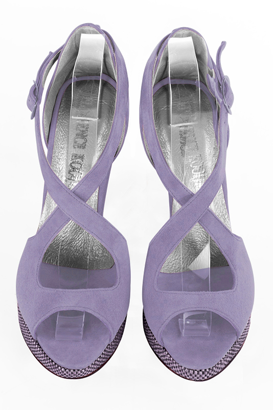 Lilac purple women's closed back sandals, with crossed straps. Round toe. Very high slim heel with a platform at the front. Top view - Florence KOOIJMAN